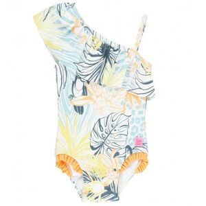 One-Shoulder Tropical Print Girls' Swimsuit - Yellow & Blue